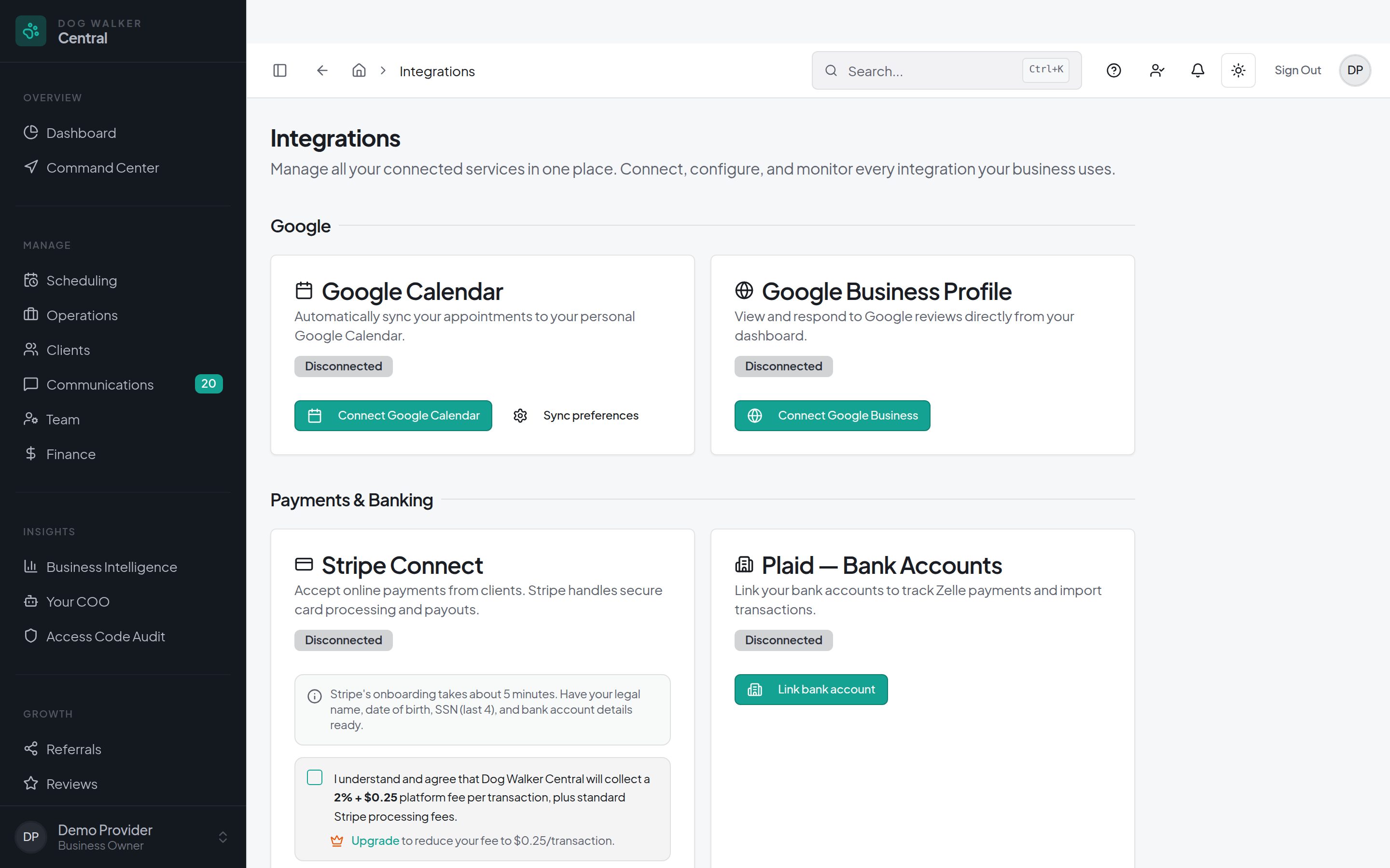 Dog Walker Central integrations hub with Google Calendar, Stripe Connect, and bank connections